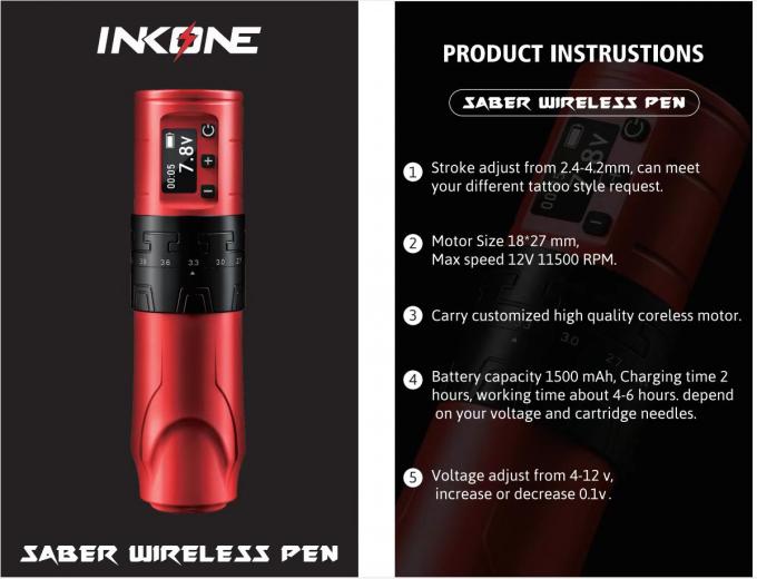 Arma de tatuaje inalámbrica de 1500mAh INKONE SABER Coreless Machine Pen de tatuaje potente motor de largo curso de 4,2 mm Aluminio de avión 9