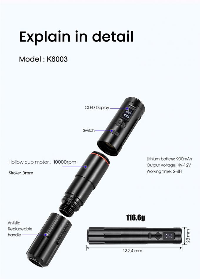 Derm&oacute;grafo inal&aacute;mbrico M&aacute;quina de tatuaje el&eacute;ctrico M&aacute;quina de maquillaje permanente inal&aacute;mbrico Aluminio 2 cabezas de bater&iacute;a Modelo de conector RCA 2